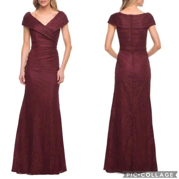 NWT La Femme sz 6 27982 Portrait Neck Lace Gown Burgundy Red Pleat Long Formal - Picture 9 of 9